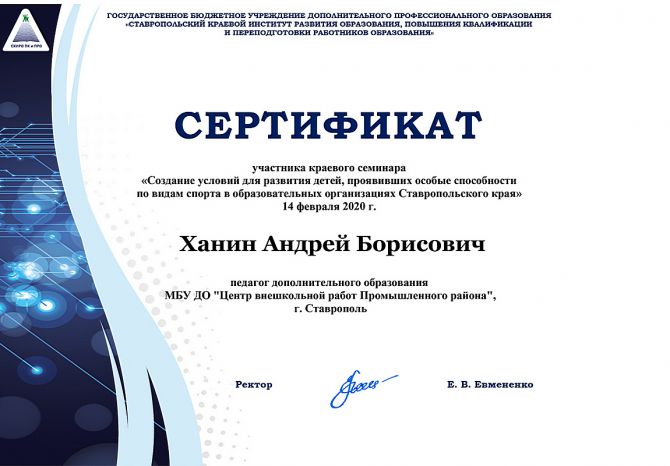 Сертификат участника краевого семинара 